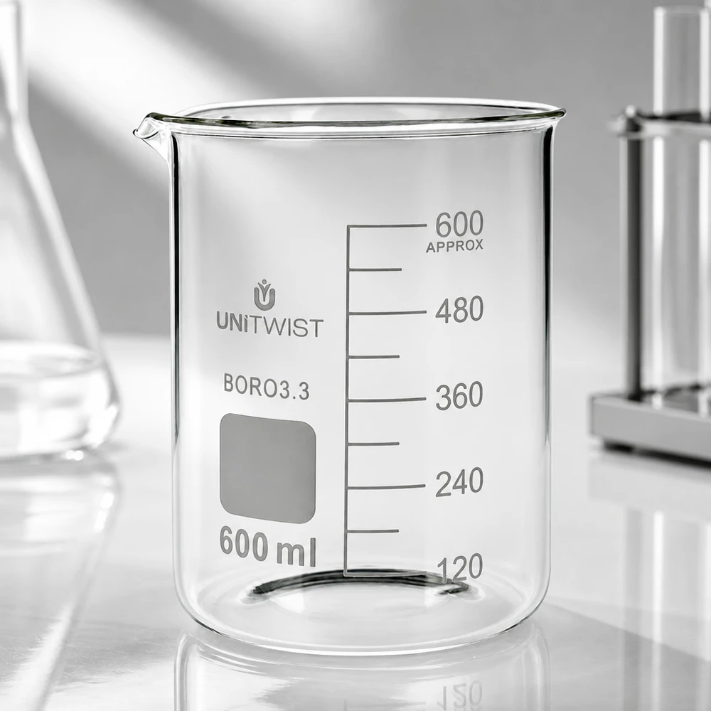 Bécher 600ml borosilicate, forme basse UNiTWIST Verre à bécher de 600 ml UNiTWIST Boro3.3 avec bec verseur et graduation gravée, testé en laboratoire