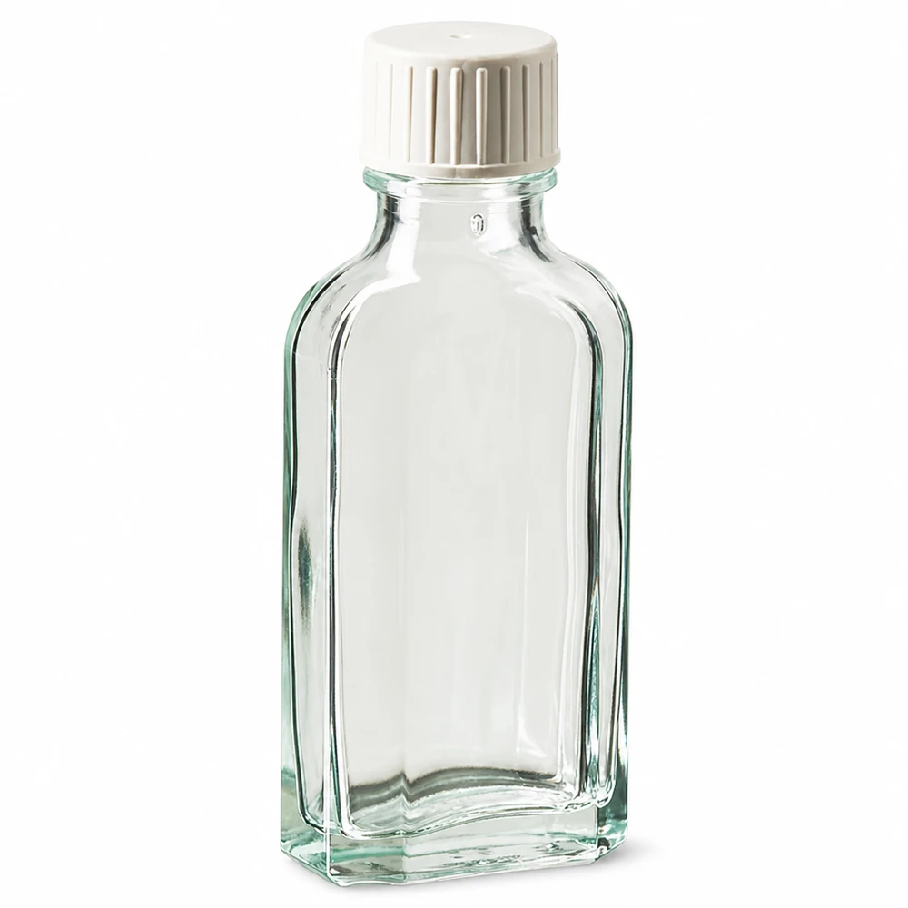Flasque transparente de 50 ml au goulot DIN 22, avec bouchon à vis DIN 22 blanc et bague anti-gouttes Petite bouteille rectangulaire en verre transparent de 50 ml avec un bouchon à vis blanc conforme à la norme DIN