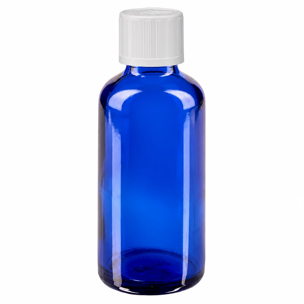 Flacon à pharmacie bleu 50ml bouchon anti-goutte blanc séc. enf. std Flacon compte-gouttes bleu de 50 ml en verre de pharmacie avec bouchon à vis blanc KiSi standard