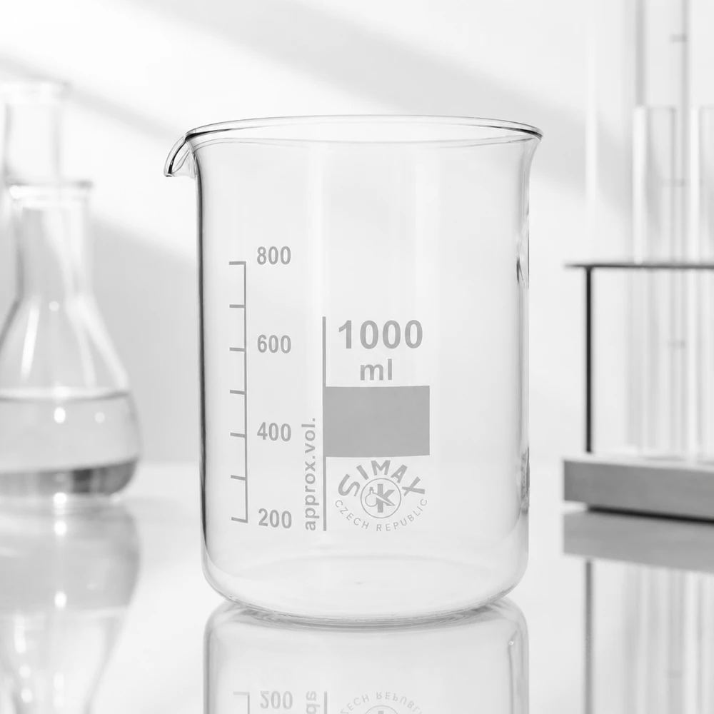Bécher 1000ml en verre borosilicate résistant à la chaleur (forme basse) Bécher transparent 1000ml avec bec verseur et marquage du volume pour des mesures précises