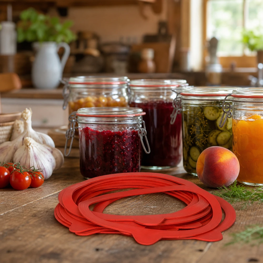 Bague d'étanchéité en caoutchouc naturel RR120 Anneau de mise en conserve RR120 en caoutchouc naturel dans une cuisine rustique avec des bocaux et des ingrédients frais pour la mise en conserve