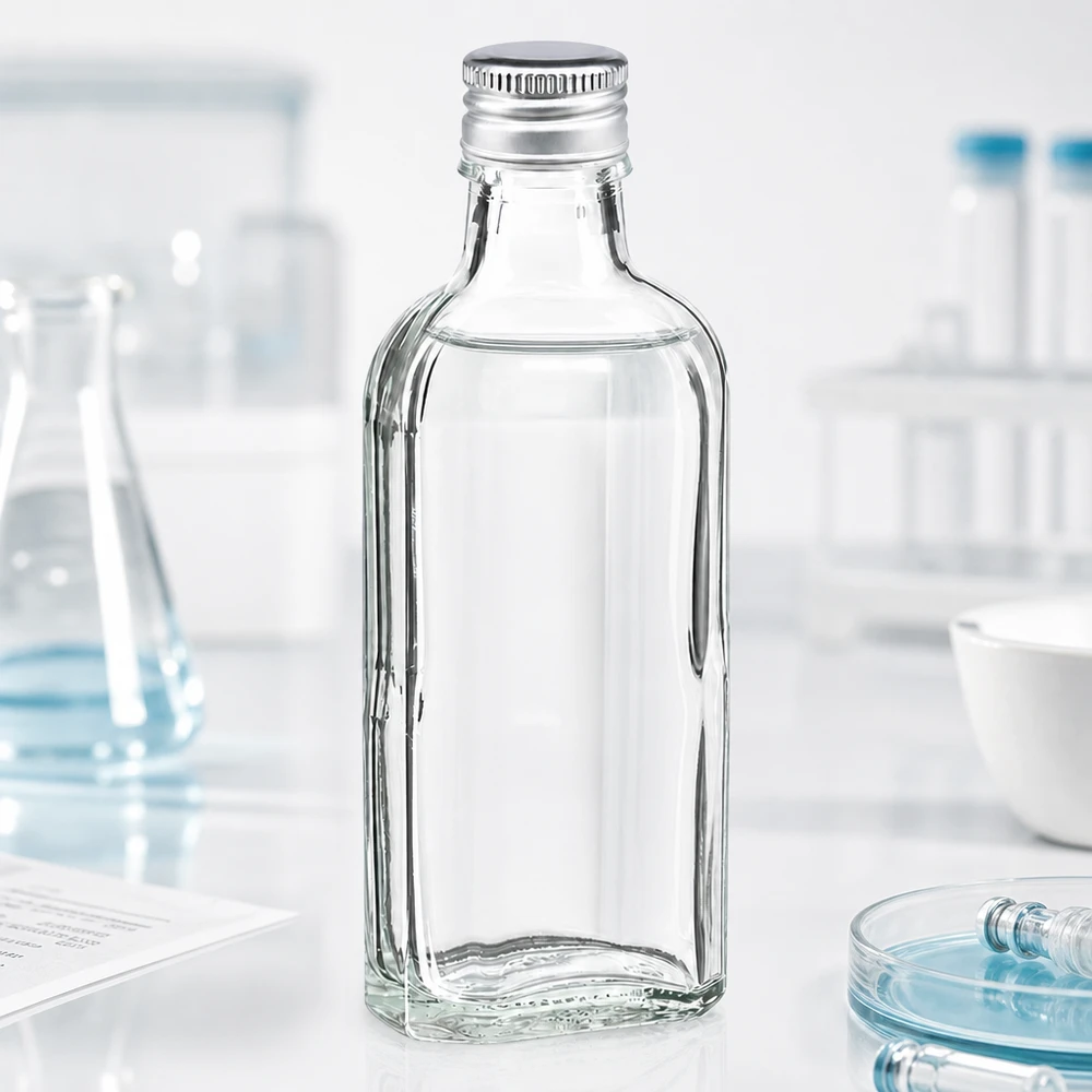Petite bouteille transparente Meplat de 100 ml avec bouchon en aluminium argenté PP22 sur un plan de travail blanc