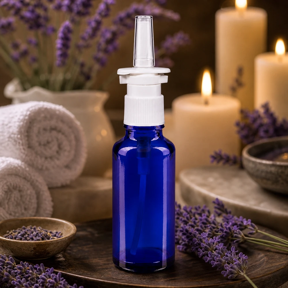 Flacon de pharmacie bleu 30ml vaporisateur nasal blanc Petite bouteille en verre de 30 ml, bleu cobalt, avec un embout-pompe blanc, destinée à un usage en spray nasal