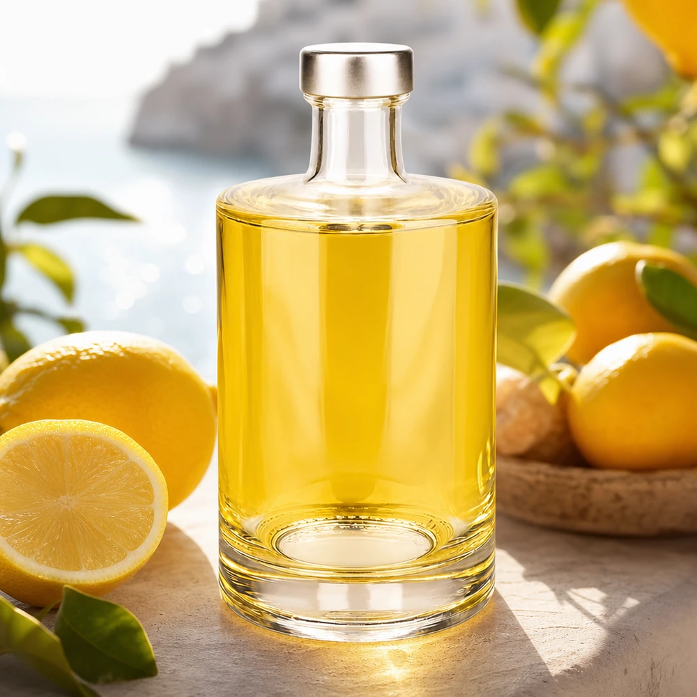 Bouteille en verre de 500ml Sam remplie de liquide jaune à côté de citrons sur une table en bois Lifestyle Application