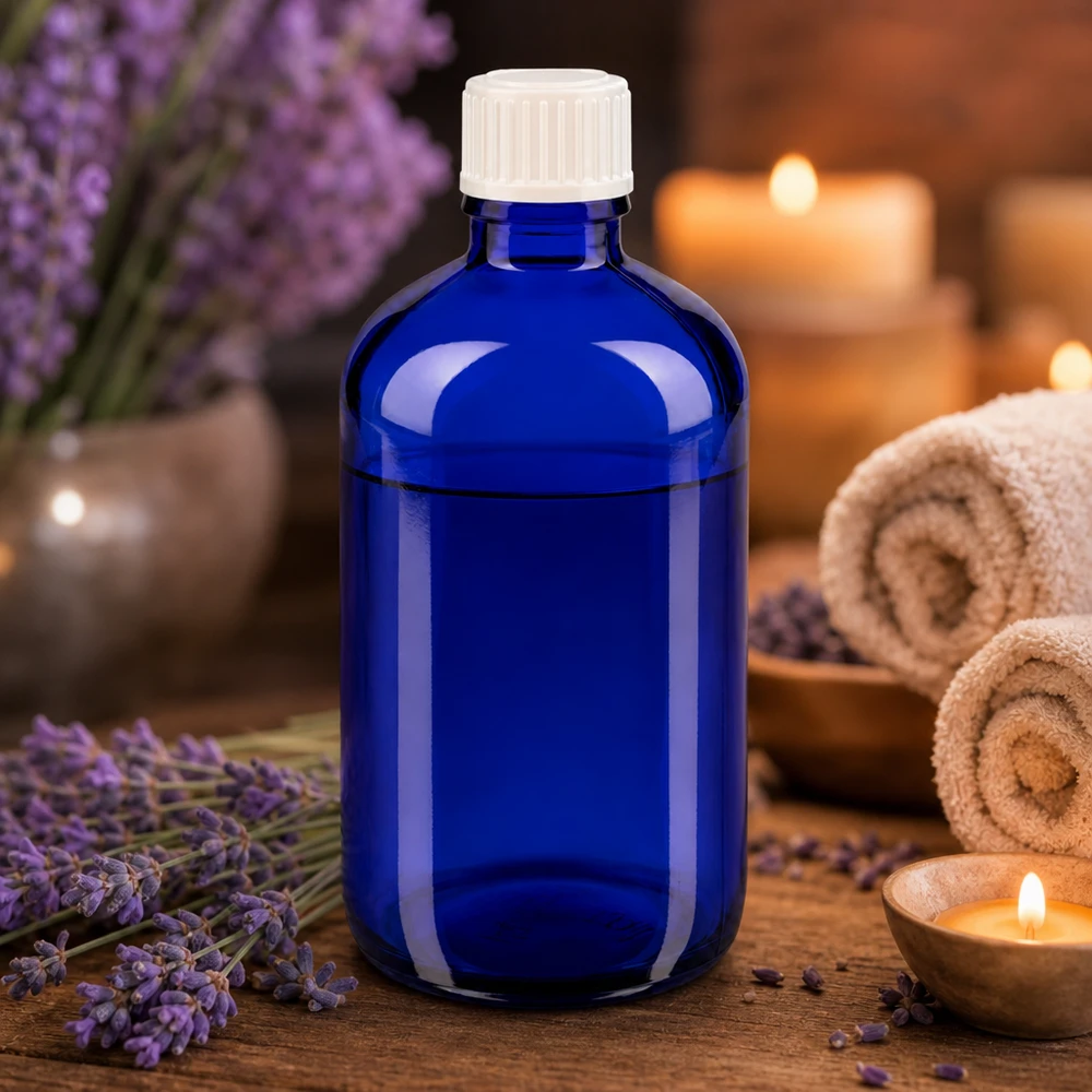 Flacon de 100 ml en verre bleu cobalt avec protection UV, idéal pour les huiles essentielles et les cosmétiques naturels