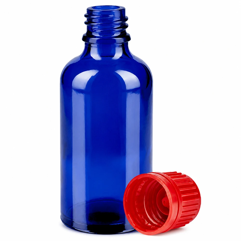 Flacon 50ml 11mm SV rouge OV BlueLine UT18/50 Flacon de pharmacie 50ml bleu bouchon rouge 11mm SV OV BlueLine UT18/50 médecine