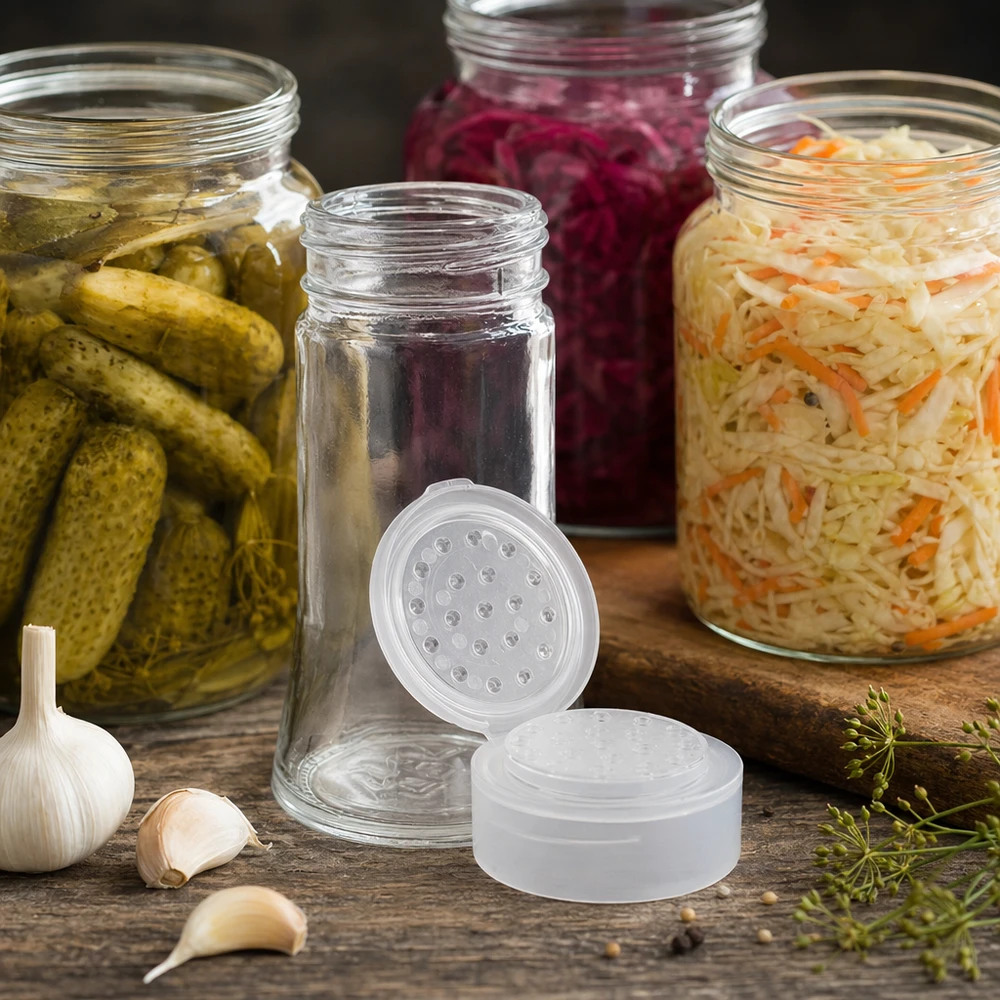 Pot à sel/épices 95 ml avec saupoudreuse, blanc Petit pot à épices de 95 ml avec un couvercle saupoudreur blanc, à côté de cornichons et de choucroute