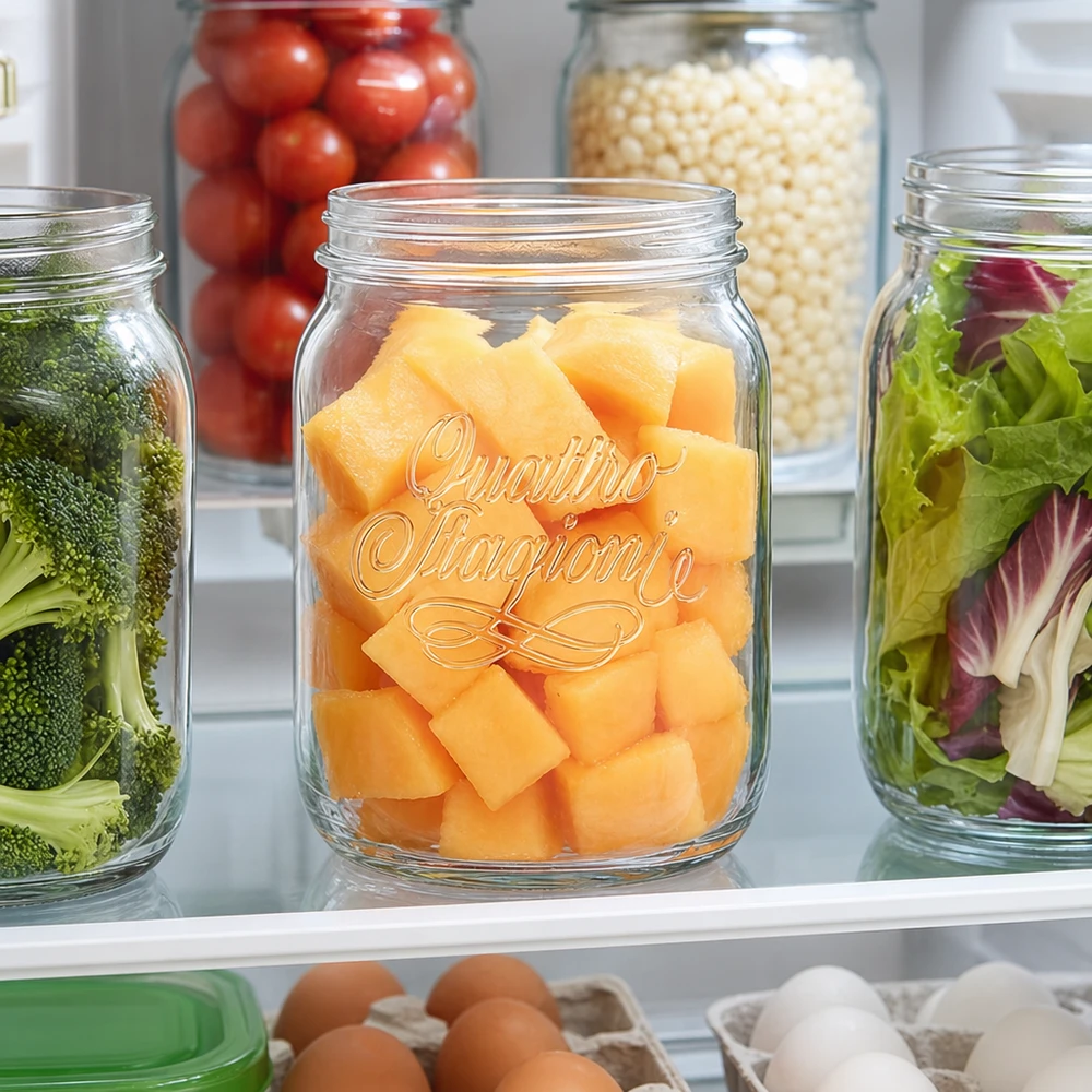 Quattro Stagioni 2000ml bocal ménager avec morceaux de melon dans le réfrigérateur à côté d'autres bocaux de stockage avec des légumes