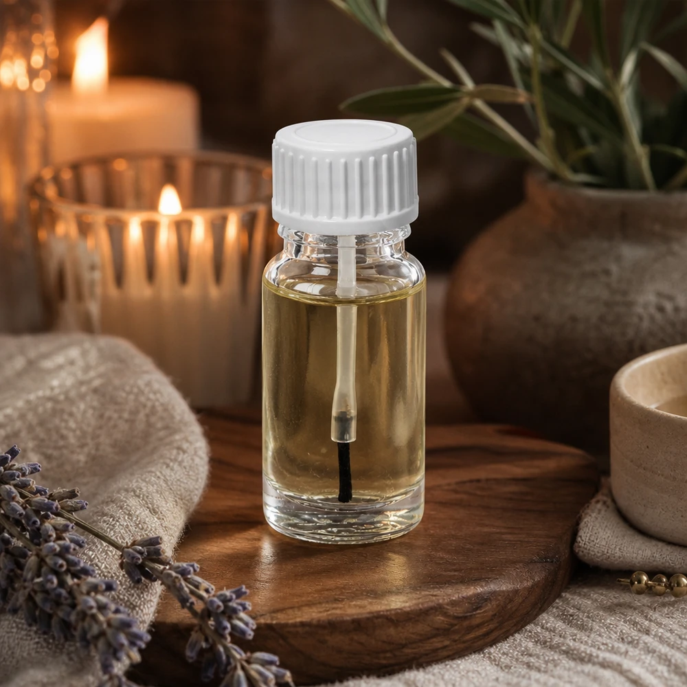 Flacon transparent à pinceau de 10 ml avec bouchon blanc, posé sur un dessous-de-plat en bois à côté de brins de lavande et de bougies
