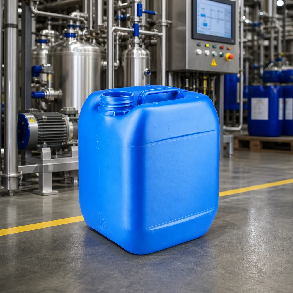 Bidon en plastique bleu vide de 5 L avec poignée de transport, destiné aux installations industrielles en acier inoxydable