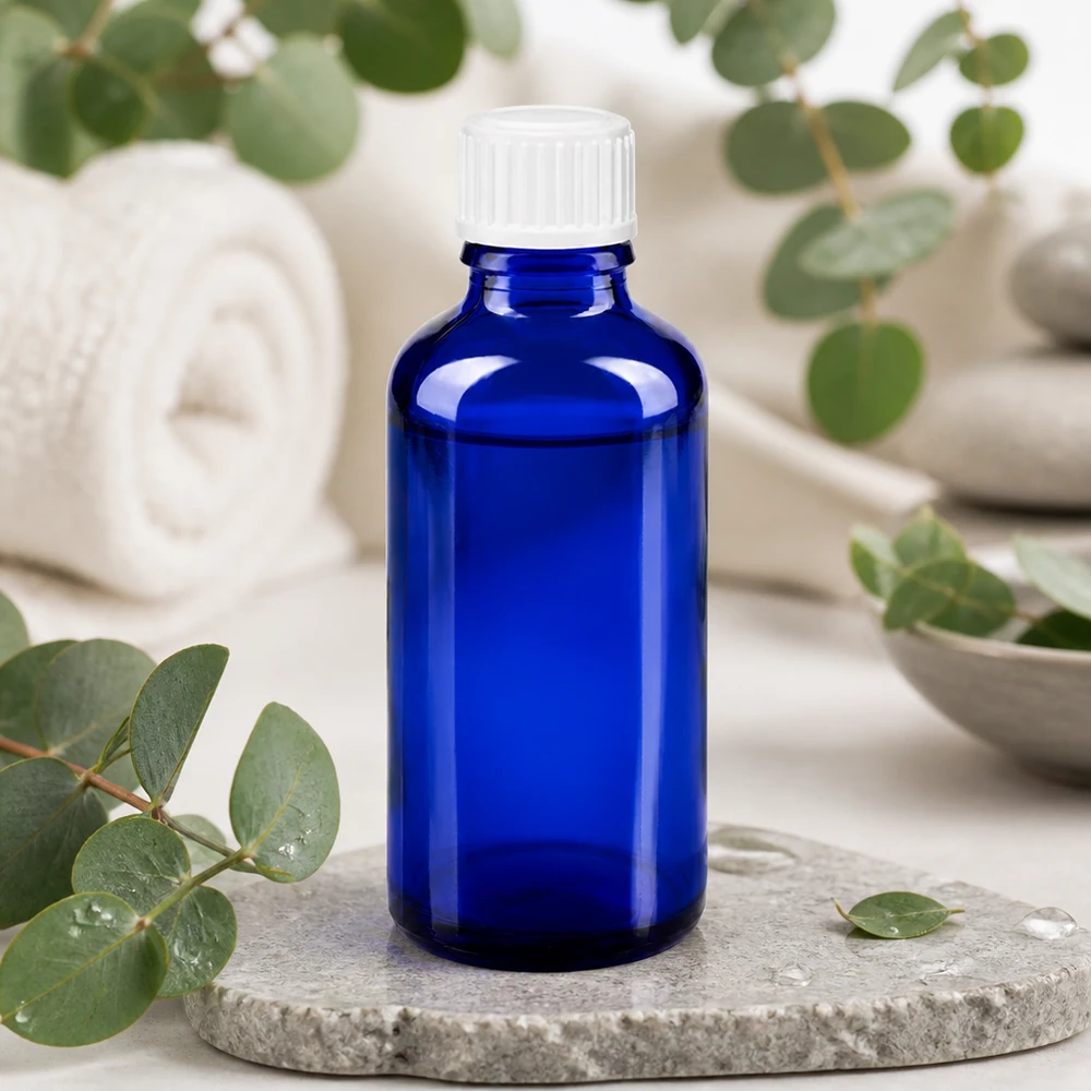 Flacon en verre bleu cobalt de 50 ml, modèle standard GR, pour huiles essentielles et produits de phytothérapie, posé sur une pierre naturelle