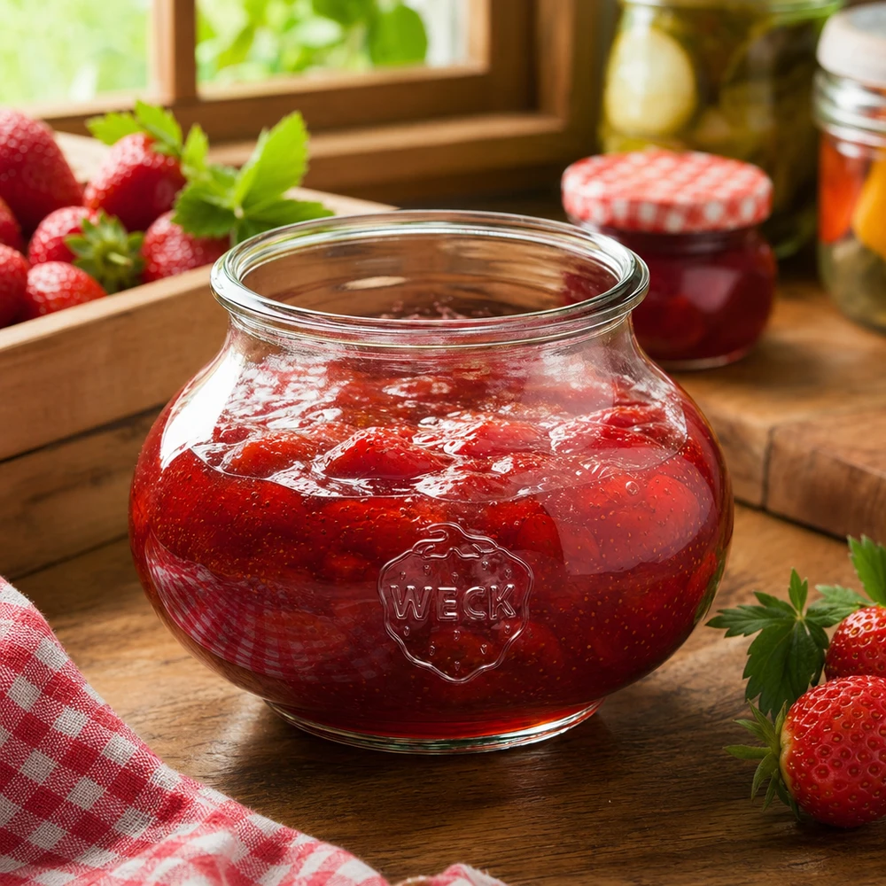 Bocal décoratif WECK RR80 de 560 ml WECK Pot à bijoux 560ml RR80 rempli de confiture de fraises dans une cuisine rustique avec des fraises fraîches et des bocaux de conservation