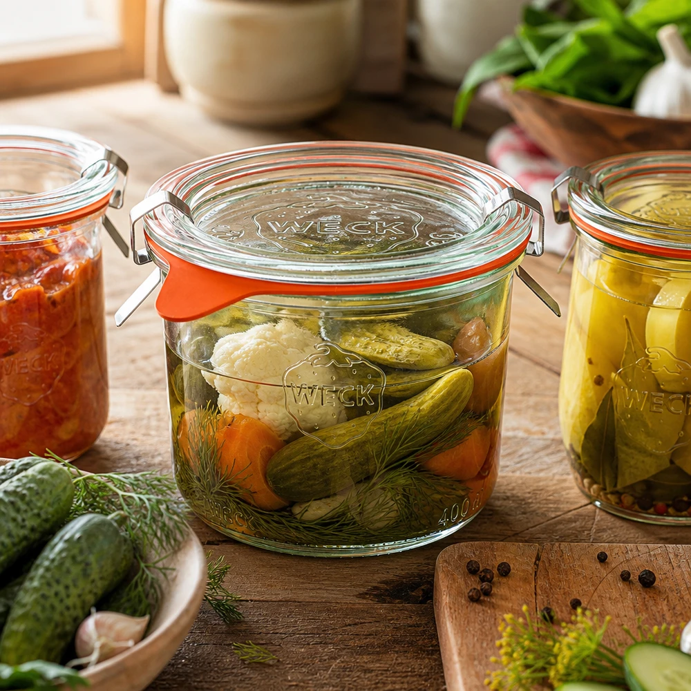 200ml bocal conique complet WECK RR80 WECK Pot de conserve 200ml RR80 lors de la mise en conserve de légumes et de concombres dans une cuisine rustique avec de l'aneth et des épices
