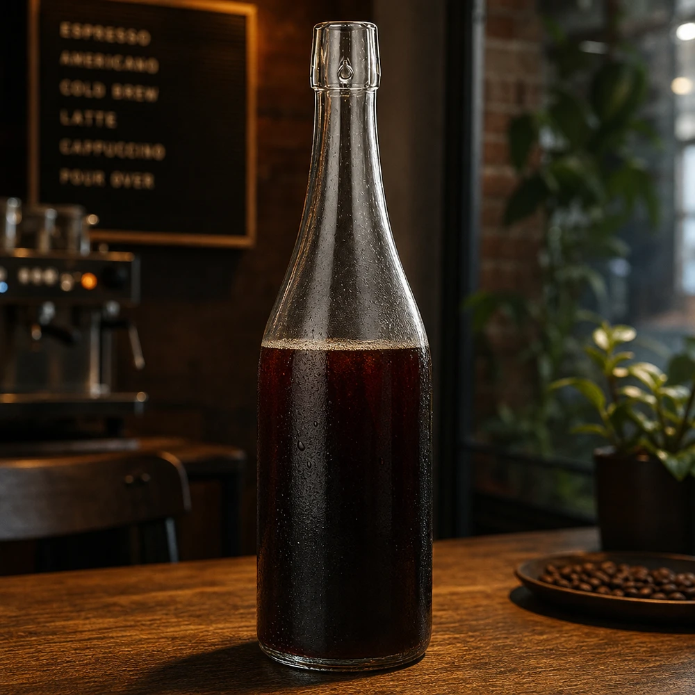 Bouteille en verre de 750 ml sans bouchon mécanique UNiTWIST 750ml UNiTWIST Glasflasche mit Cold Brew Kaffee befüllt auf Holztisch in stylischer Café Atmosphäre Anwendung