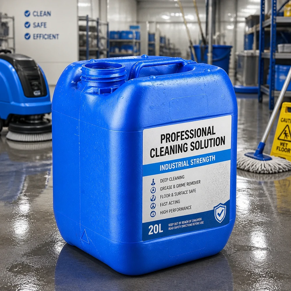 Bidon bleu de 5 litres sans couvercle, adapté aux solutions de nettoyage industrielles