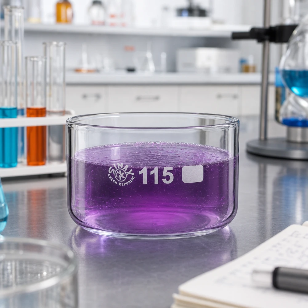 Bol transparent en verre borosilicaté de 115 mm de diamètre contenant un liquide violet qui forme des bulles