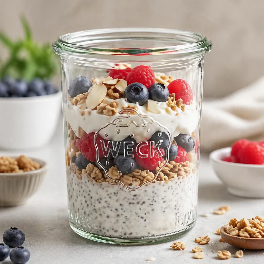 WECK Pot renversé 160ml RR60 rempli de baies et de noix pour un petit-déjeuner sain