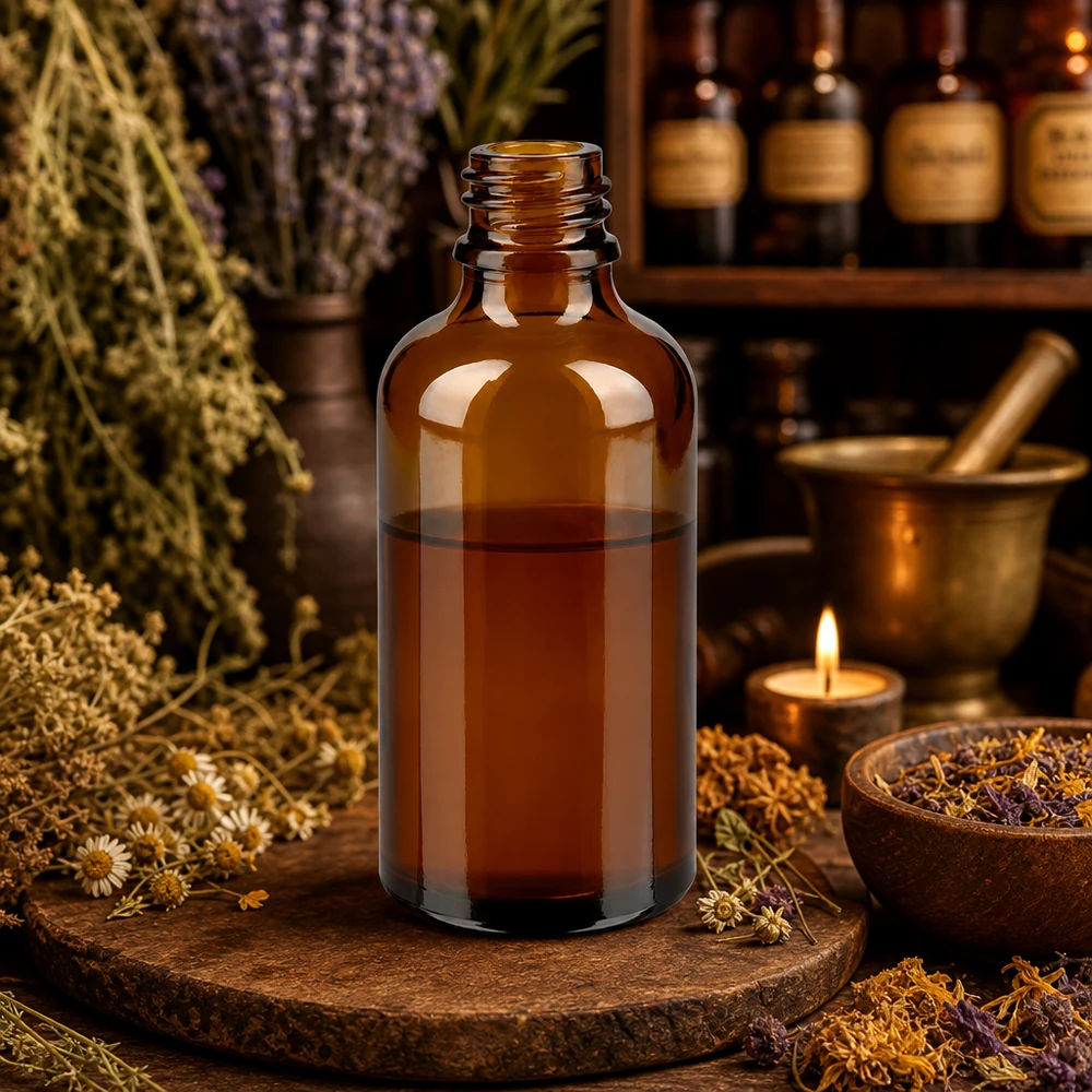 Flacon compte-gouttes pharmaceutique 50 ml DIN18 - verre brun Bouteille de pharmacie ApoGlas brune de 50 ml contenant de la teinture d'herbes dans une herboristerie rustique avec mortier et plantes médicinales