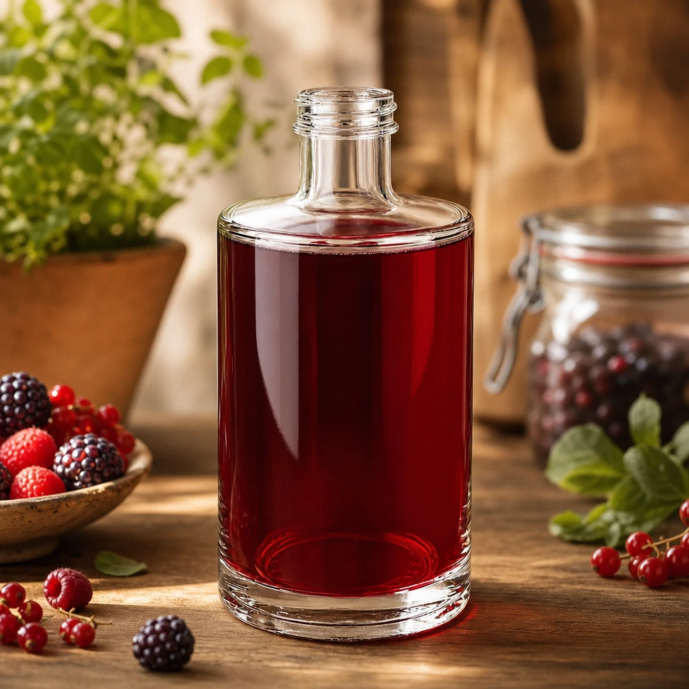 Bouteille en verre 375 ml « Sam » sans bouchon à vis UNiTWIST® Bouteille en verre Sam de 375 ml remplie de jus de baies rouges entouré de framboises, de mûres et de groseilles fraîches.