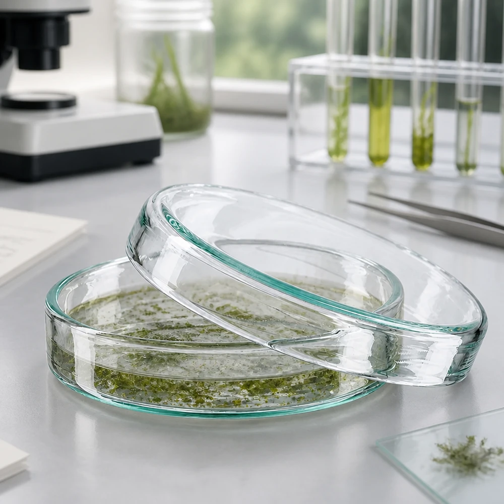 Boîtes de Pétri rondes en verre de 60 x 15 mm avec couvercle et échantillon biologique dans un environnement de laboratoire moderne
