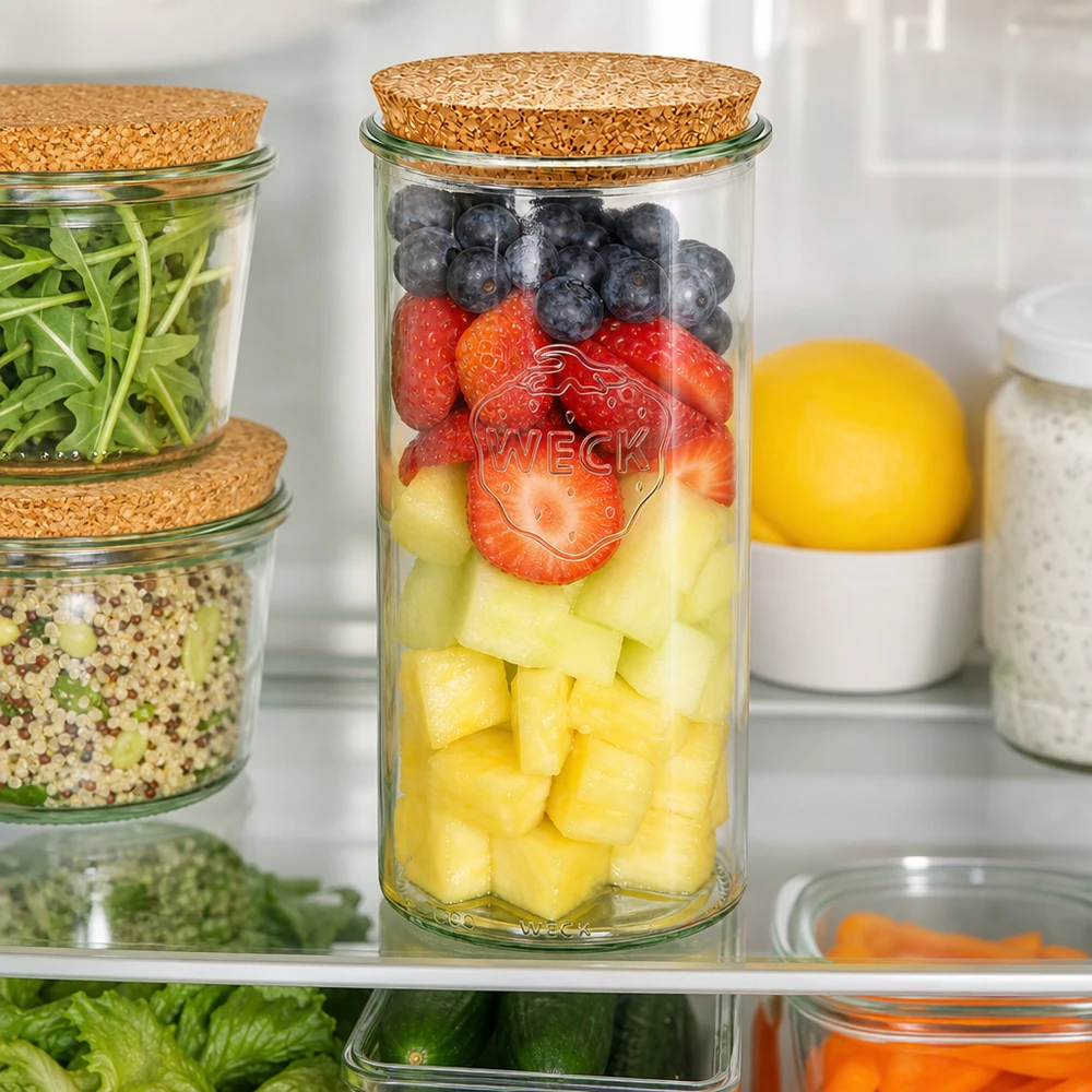 1500ml bocal conique WECK RR100 avec bouchon nature WECK Pot renversé 1500ml RR100 Réfrigérateur Organisation Salade de fruits Baies Ananas Couvercle en liège Meal Prep Conservation de la fraîcheur