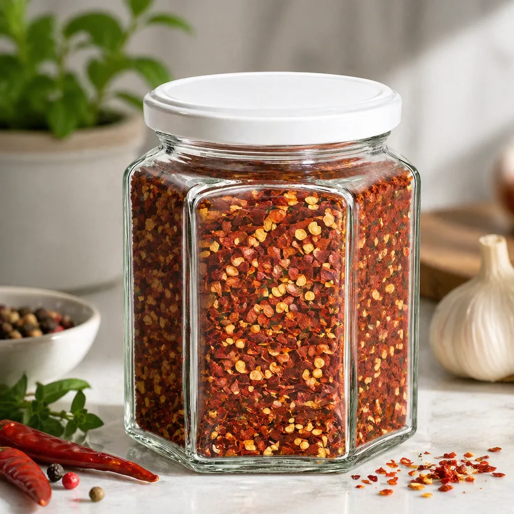 Pot de miel hexagonal de 400g rempli d'un mélange d'épices au piment montre une utilisation polyvalente des épices de cuisine