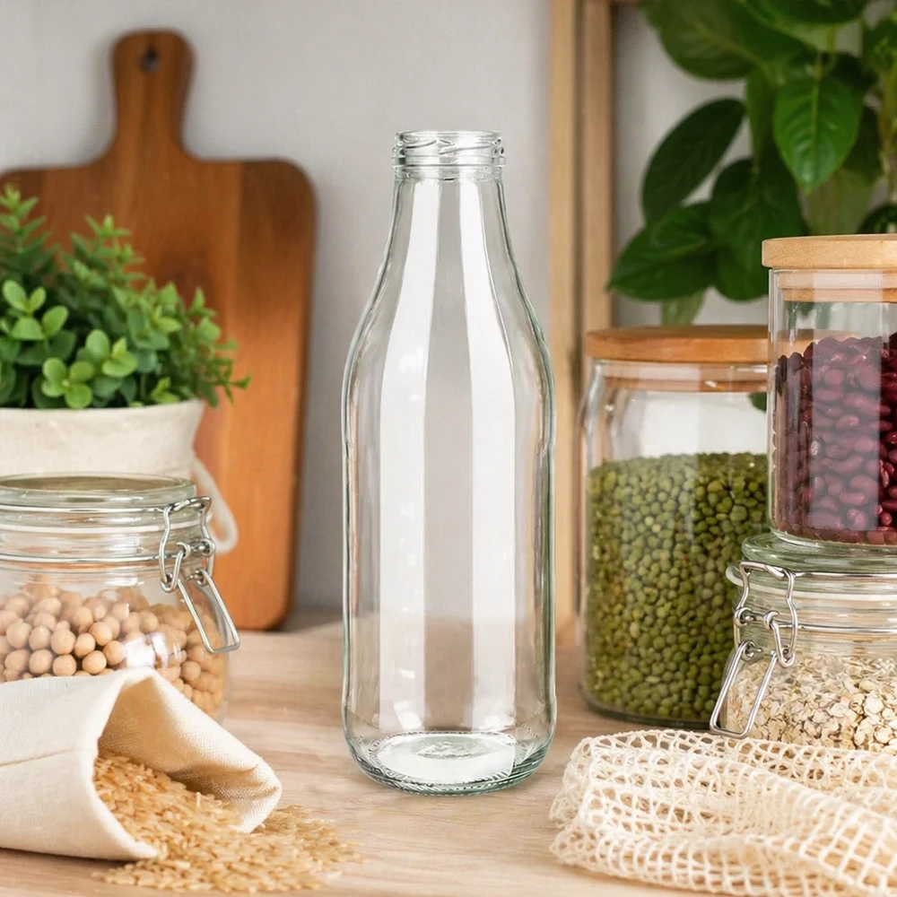 Bouteille en verre 1000ml TO48 UNiTWIST dans la cuisine durable Zero Waste avec des bocaux de stockage et des légumineuses