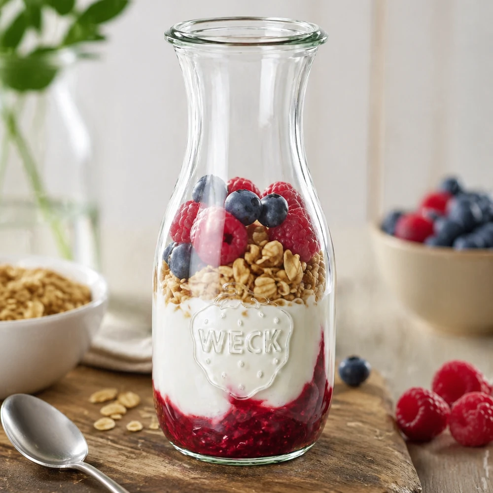 WECK Bouteille de jus 530ml RR60 comme bol à céréales rempli de baies de yaourt et de granola à côté de fruits frais