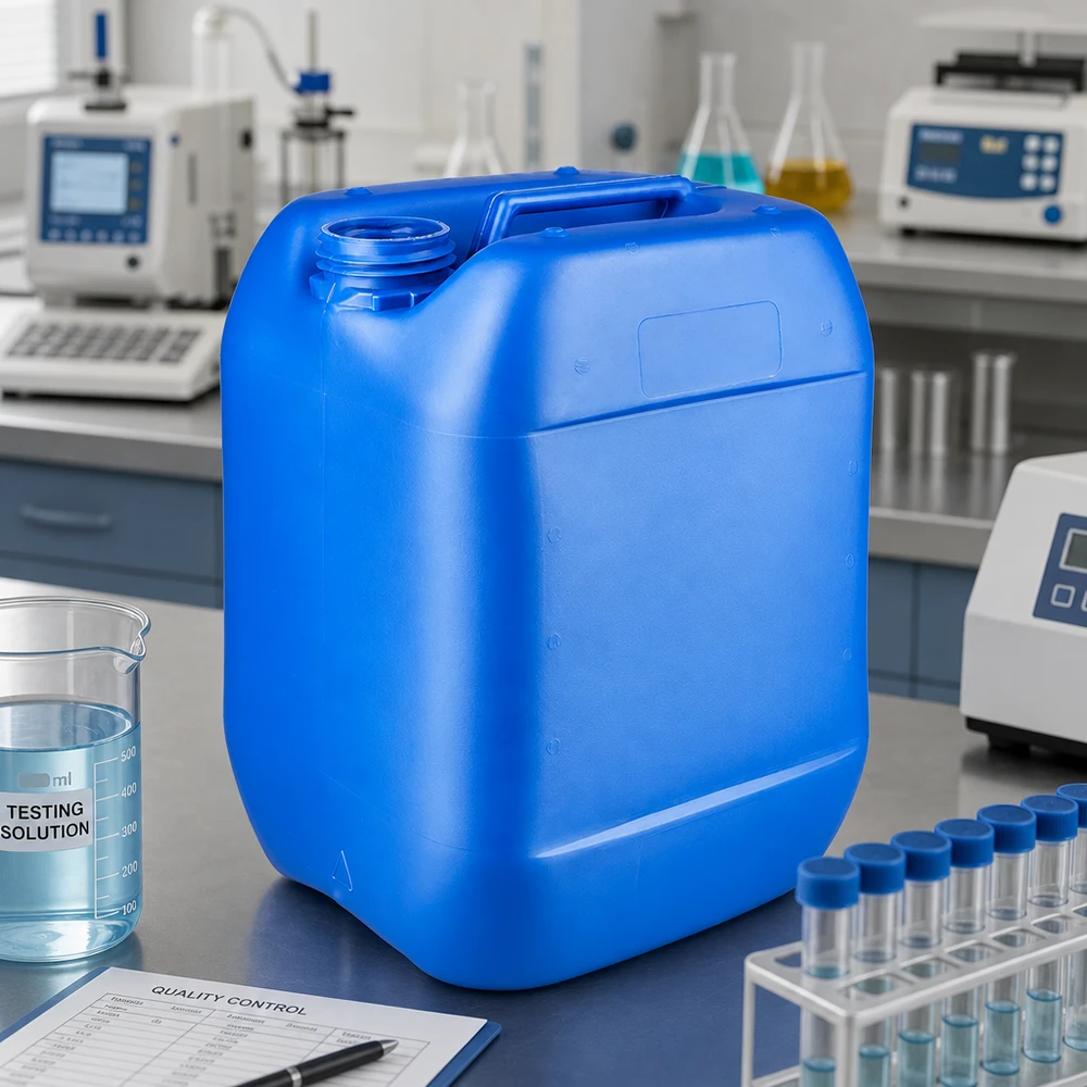 Bidon en plastique bleu vide de 10 litres, sans couvercle, accompagné d'un document de contrôle qualité