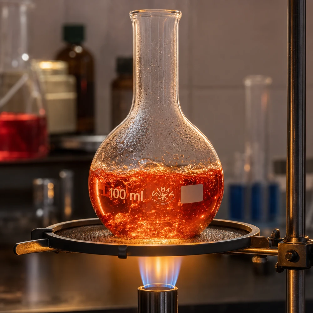 Ballon à fond plat 100 ml à col étroit, en verre borosilicate avec bord renforcé Fiole de laboratoire 100ml à col étroit remplie de substance réactive à température contrôlée