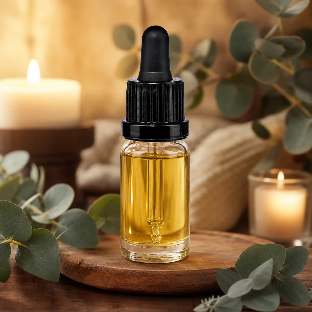 Flacon à pipette 10ml noir OV ClearLine UT18/10 Flacon-pipette transparent de 10 ml contenant de l'huile dorée, posé sur un disque en bois à côté de branches d'eucalyptus