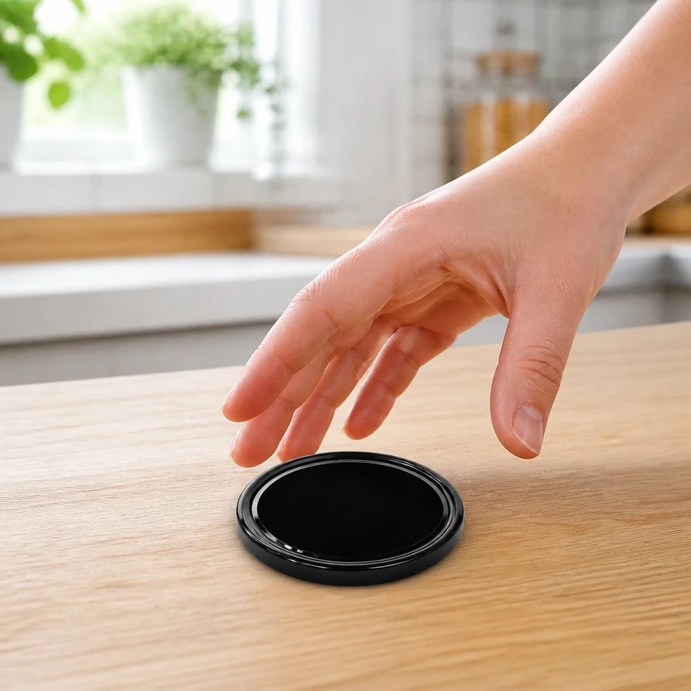 Couvercle BasicSeal 70 mm noir (TO70) UNiTWIST Une main saisit un couvercle métallique noir TO70 BasicSeal de 70 mm posé sur une surface en bois dans une cuisine