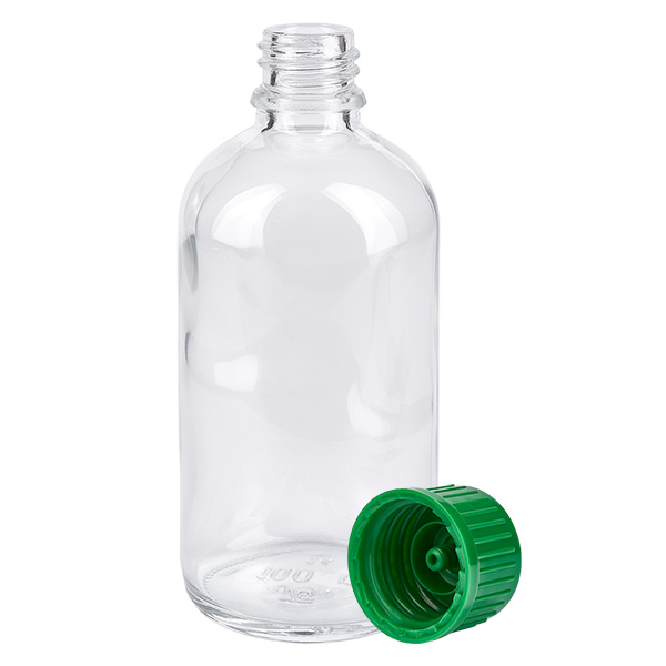 Flacon 100ml 11mm SV vert STD ClearLine UT18/100 Flacon de pharmacie transparent ClearLine de 100 ml avec bouchon de sécurité vert de 11 mm SV