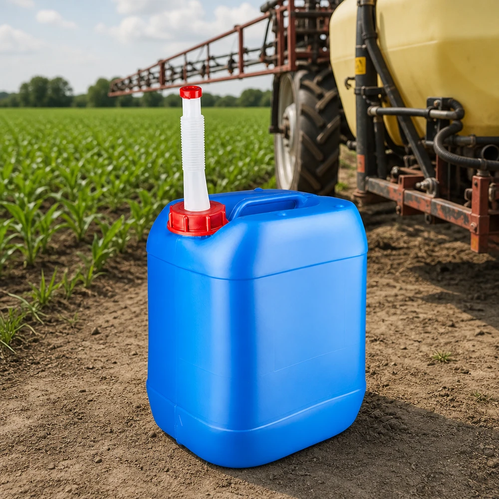 Bidon en plastique bleu de 20 litres avec tube de remplissage flexible pour produits phytosanitaires