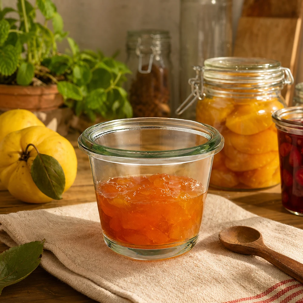 Pot gourmet WECK RR60 de 80 ml rempli de confiture dans une cuisine rustique à côté de citrons frais et d'autres bocaux de conservation
