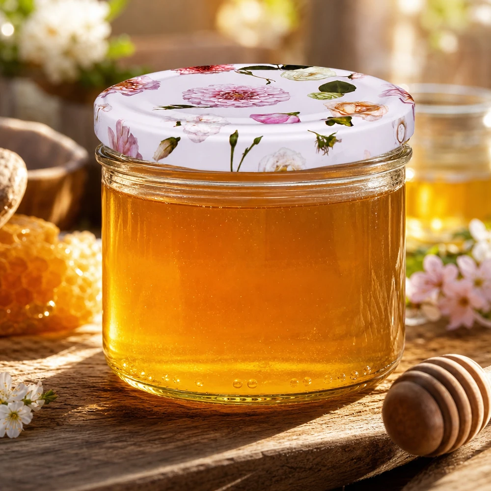 Pot cylindrique de 230 ml + couvercle BasicSeal rose fleur Conservation du miel en pot cylindrique de 230ml avec couvercle BasicSeal fleur rose - Pot de miel sur table en bois avec alvéoles