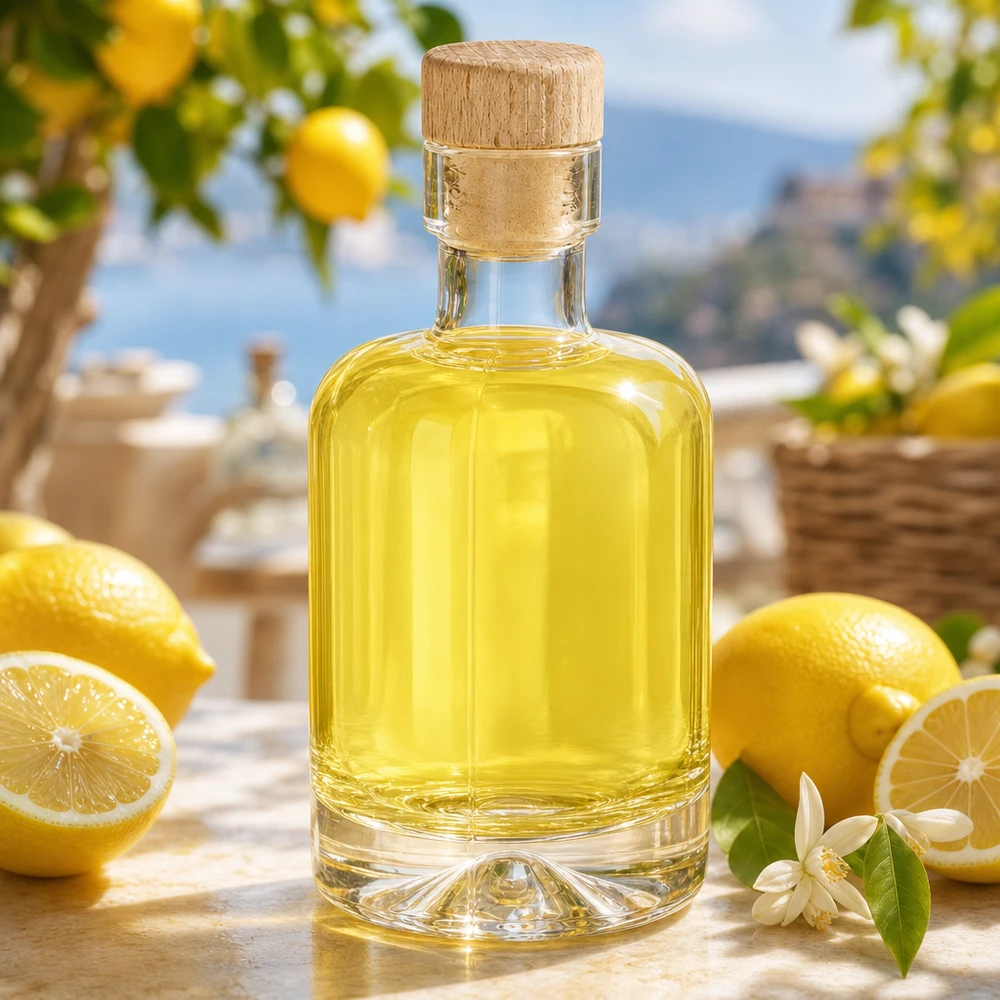 Bouteille en verre 50 ml « Amelie » avec bouchon en bois UNiTWIST Bouteille en verre 50ml Amelie remplie de liqueur jaune entre citrons et fleurs décorées méditerranéennes