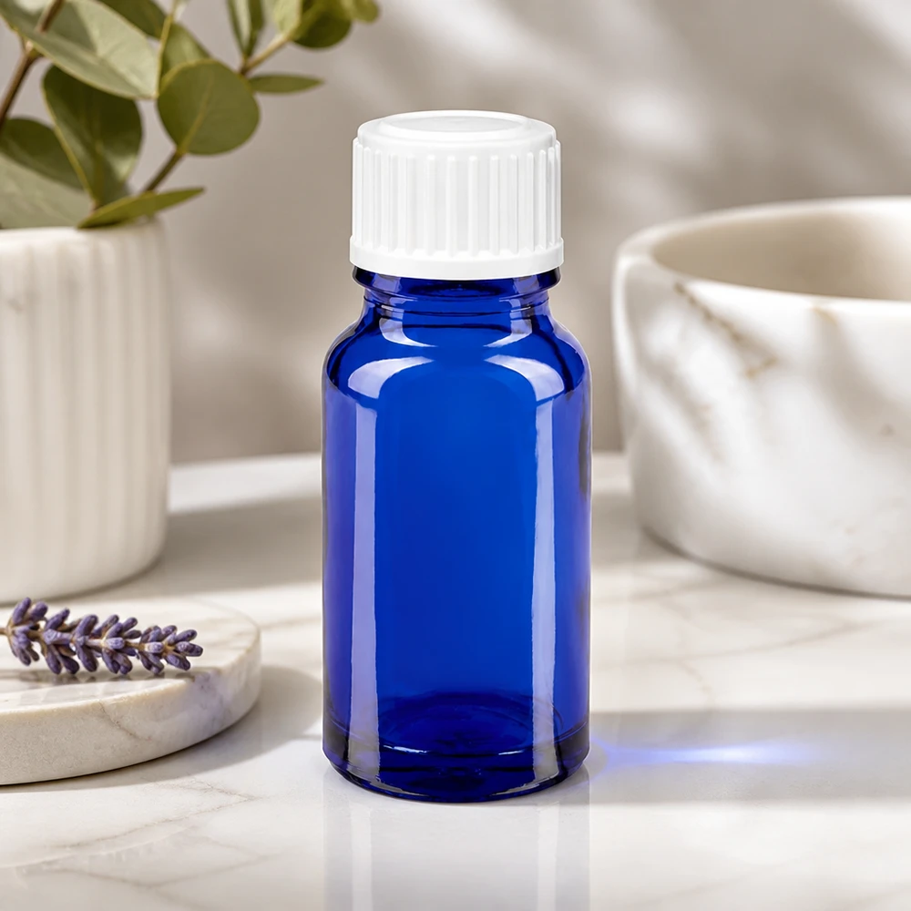 Flacon de pharmacie bleu 10ml bouchon vissable blanc standard Flacon en verre de protection bleu cobalt de 10 ml, résistant aux UV, avec bouchon blanc SV STD