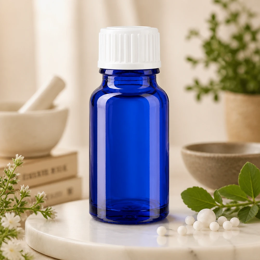Flacon de pharmacie bleu 10ml bouchon vissable blanc standard Flacon en verre bleu de 10 ml, bouchon standard blanc de qualité pharmaceutique, avec mortier et plantes naturelles