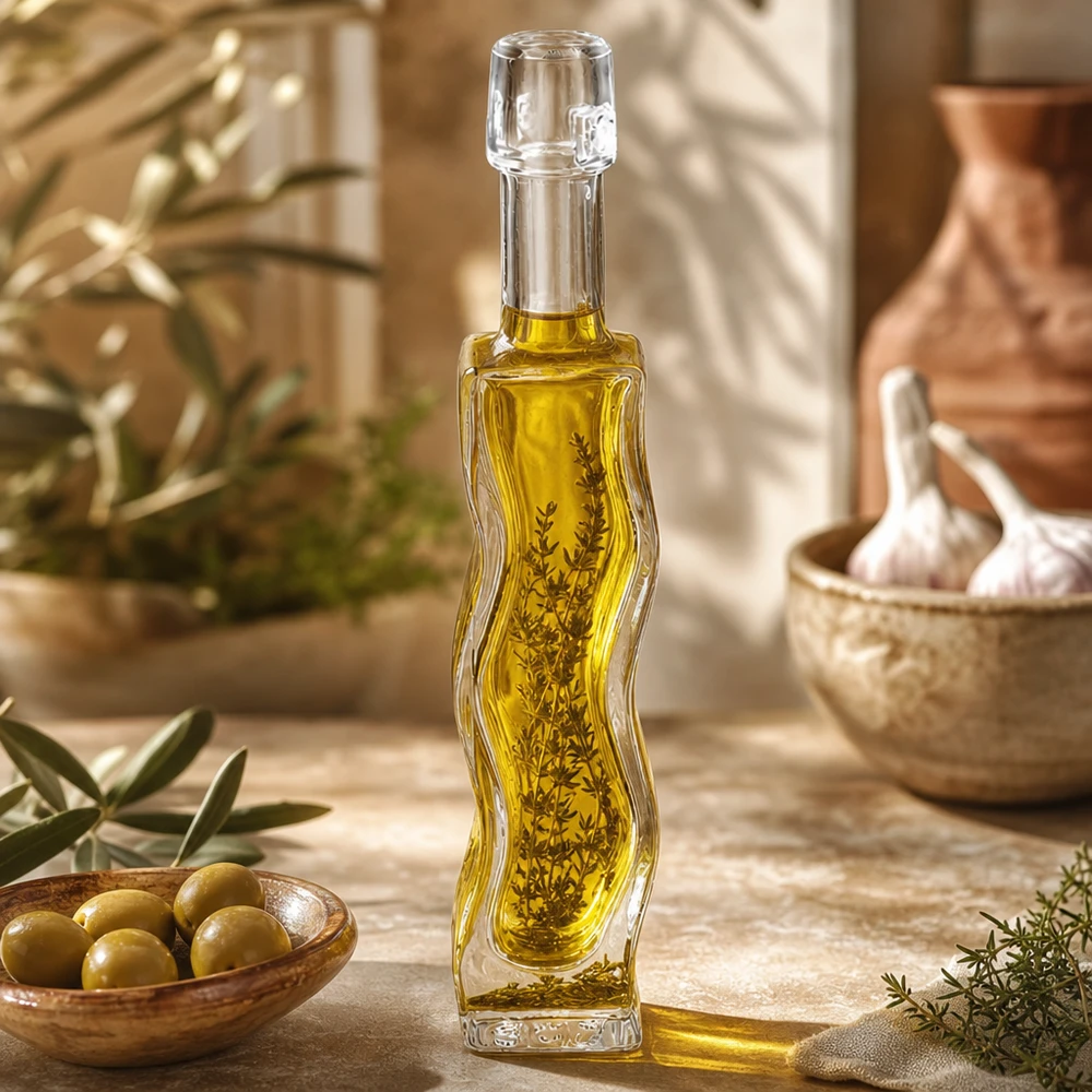 Bouteille en verre Anna de 40 ml remplie d'huile d'olive et d'herbes aromatiques Exemple d'utilisation cuisine décoration méditerranéenne