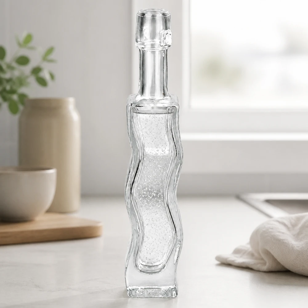 Bouteille en verre Anna 40ml avec motif en relief ondulé sans bouchon à étrier transparent vide Ambiance salle de bain vue de côté