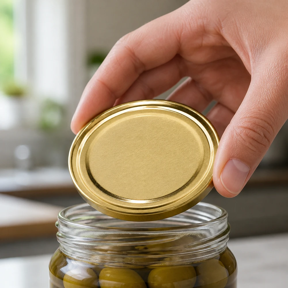 UNiTWIST TO82 or, BioSeal, sans BPA, unitemp Hand propose le couvercle de bocal UNiTWIST TO82 doré pour verre avec olives marinées BioSeal