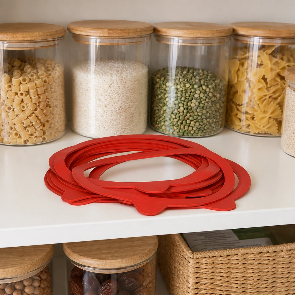 Anneaux de cuisson rouges en caoutchouc naturel RR120 dans la cuisine de réserve à côté de boîtes en verre remplies de pâtes et de légumineuses