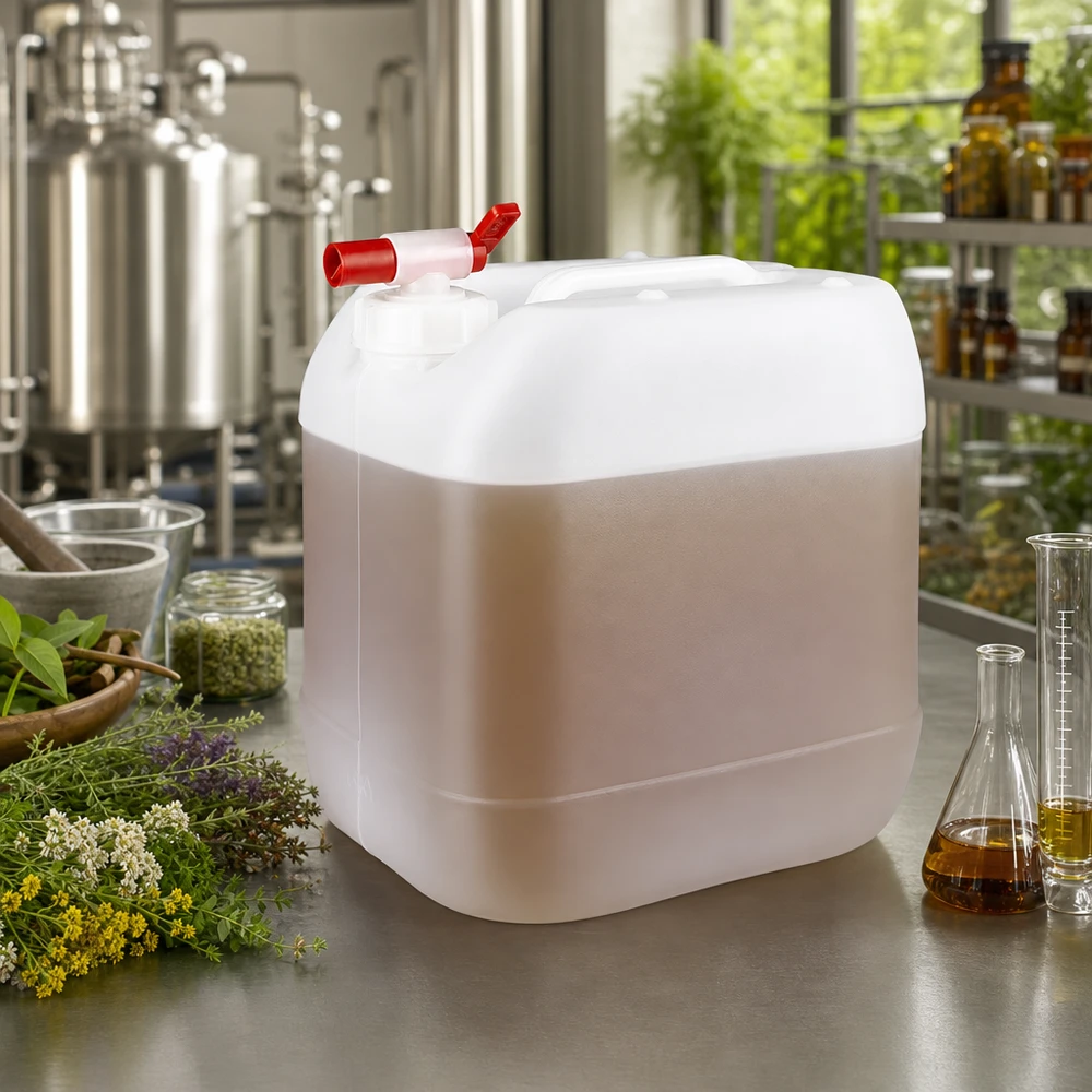 Bidon de 15 litres adapté au contact alimentaire, muni d'un robinet, destiné au conditionnement d'huiles essentielles et d'extraits végétaux