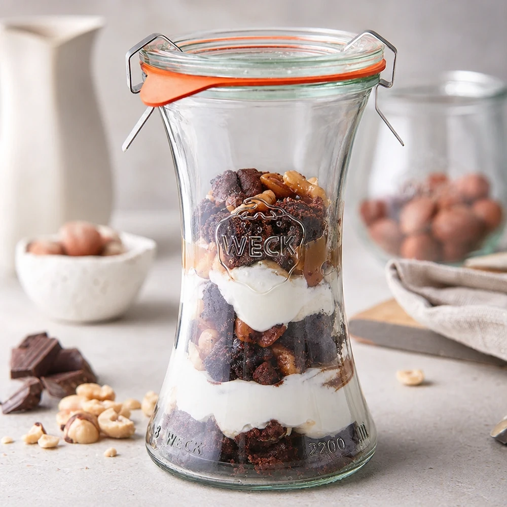 WECK Pot de délicatesse 200ml RR60 comme couche de dessert avec chocolat et noix, cuisine avec noix de cajou et chocolat