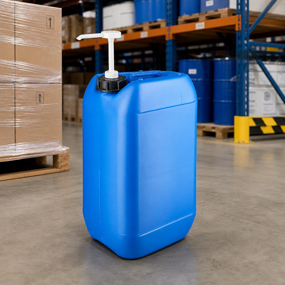 Bidon portable de 15 litres, bleu, avec pompe ergonomique, posé sur un sol en béton
