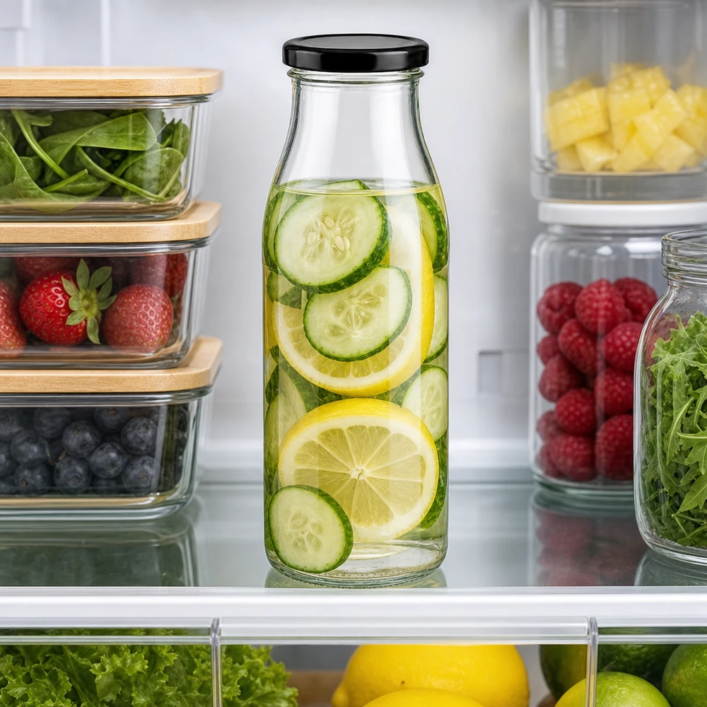 Bouteille en verre de 500 ml d'eau au concombre et au citron à placer au réfrigérateur parmi les fruits et légumes frais