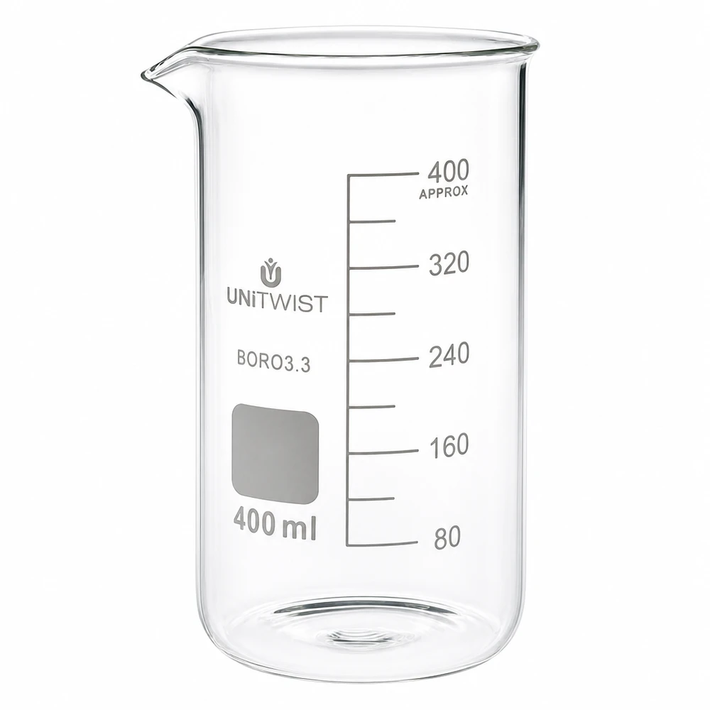 Bécher 400ml borosilicate, forme haute UNITWIST Récipient de laboratoire cylindrique de 400 ml en verre borosilicaté 3.3 résistant à la chaleur, de forme haute