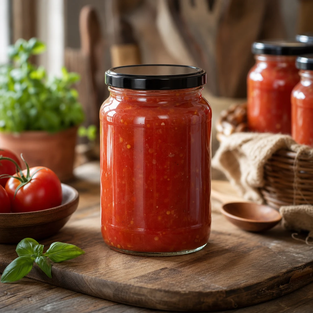 Sauce tomate en bocal rond de 1700ml couvercle noir BasicSeal planche en bois cuisine ambiance rustique bocal de conservation