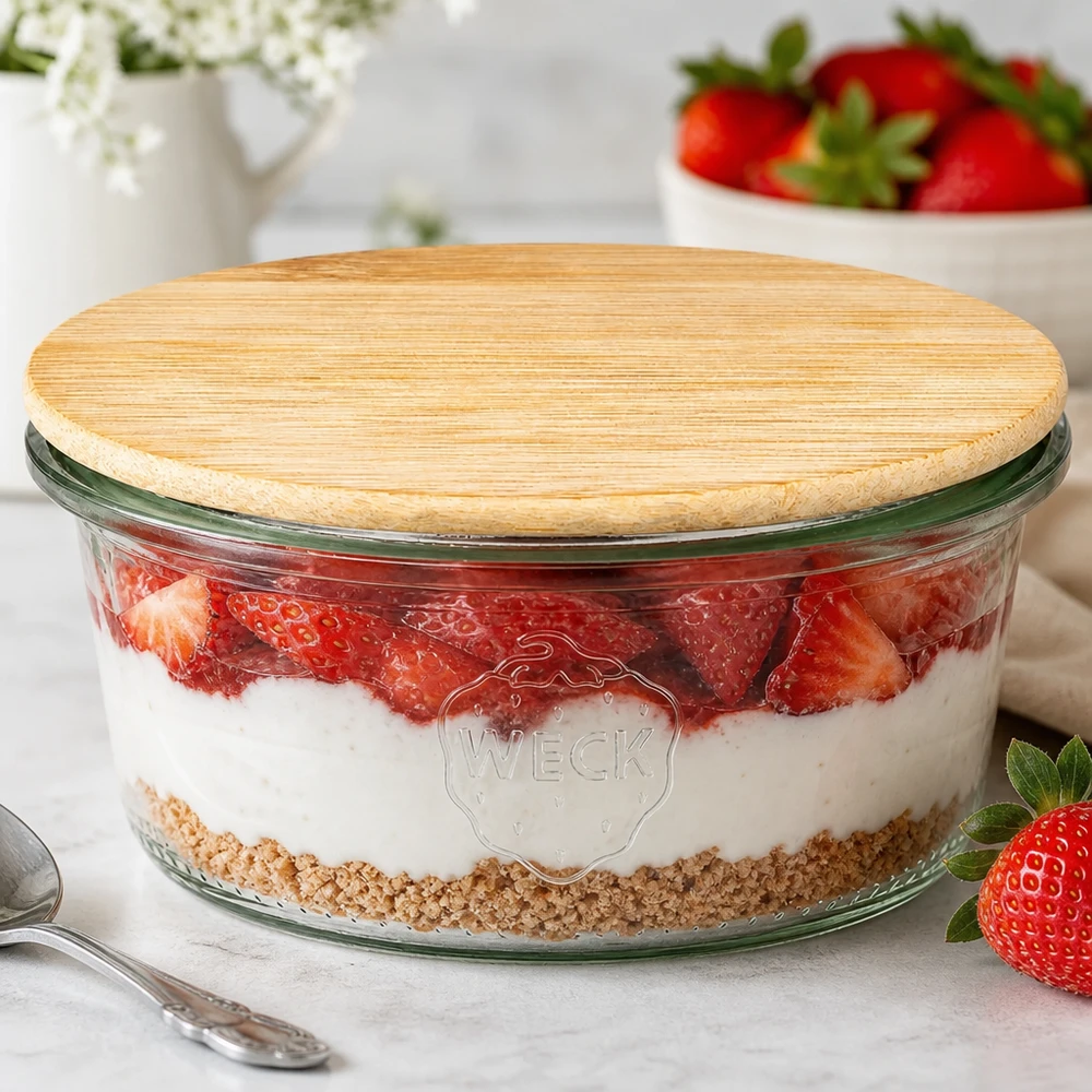 WECK Verre renversé RR80 165ml avec couvercle en bambou comme verre à dessert pour un dessert stratifié aux fraises dans une ambiance de cuisine